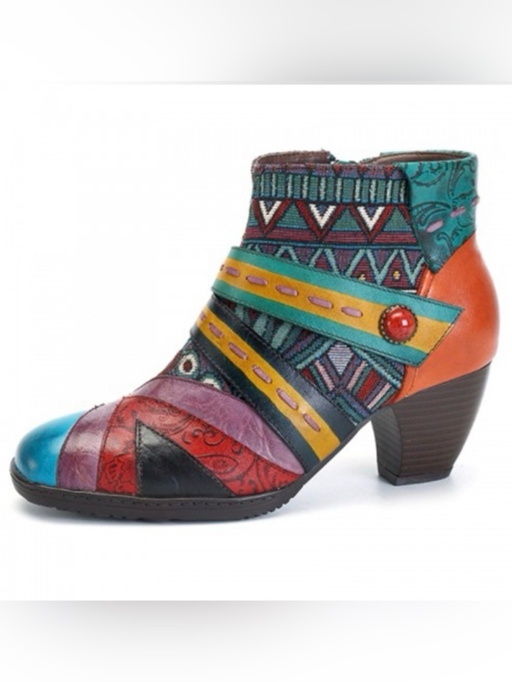 SOCOFY Boho Patchwork Leather Tapestry Ankle Boots Heels Size 40